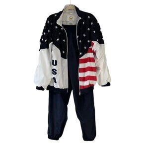 Vintage 1990s USA Flag Print Track Suit – Patriotic Jacket & Joggers Set